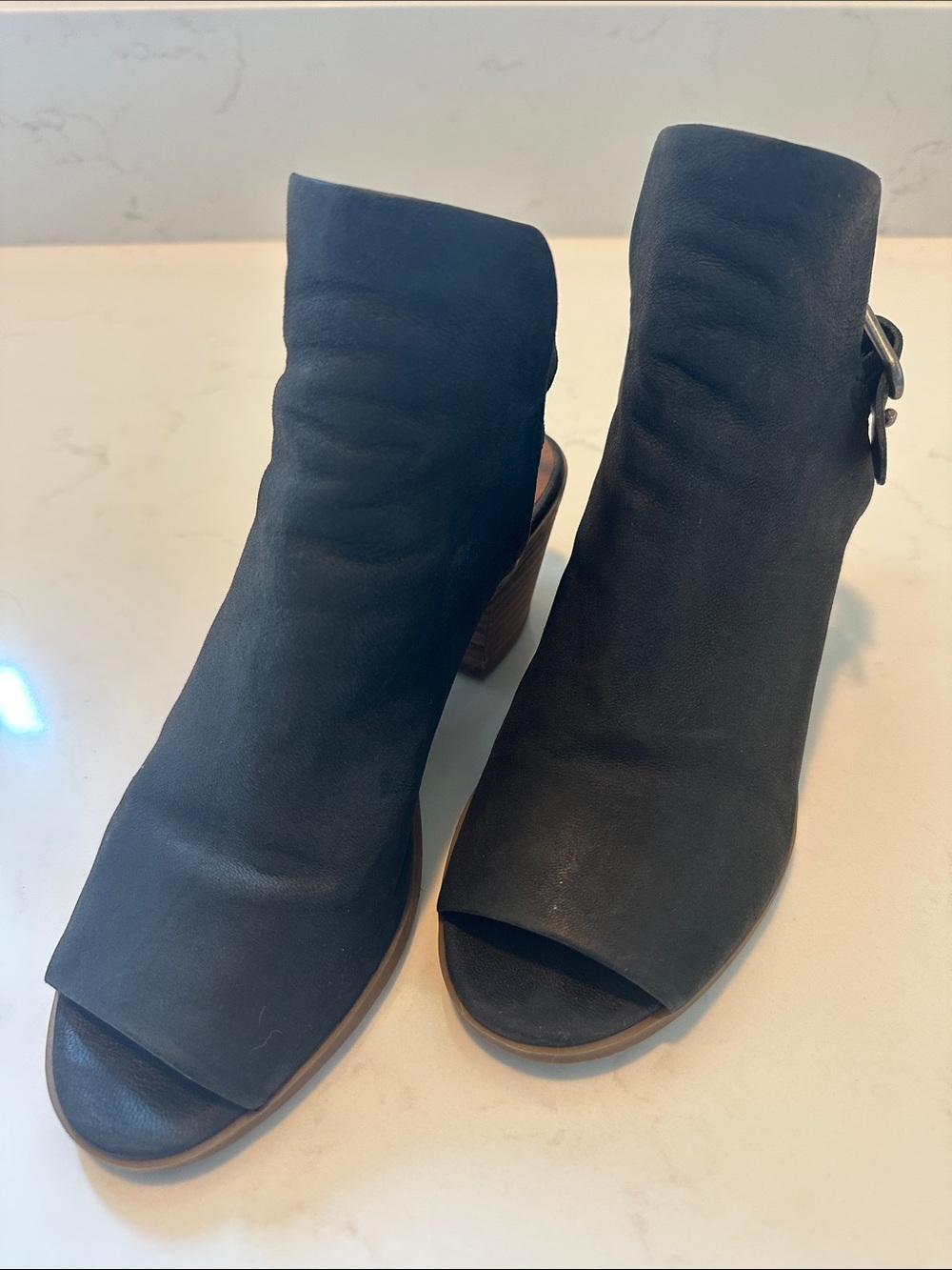 LUCKY BRAND Black Open-Toe Leather Open-Back Ankle Booties